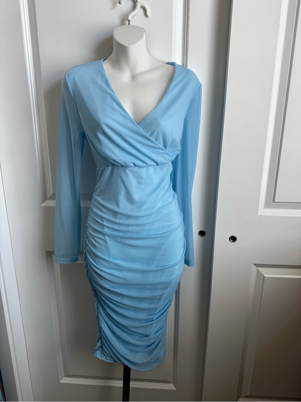 Maternity Light Blue Long-Sleeve Ruched Wrap Midi Dress